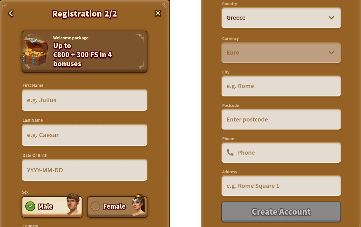 Sign-up form offering up to €800 + 300 free spins